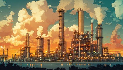 Fototapete - Stylized vector illustration of an industrial gas plant featuring a refinery with dual layers of detail, emphasizing its intricate machinery and structures