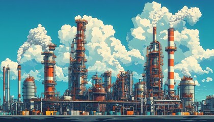 Fototapete - Stylized vector illustration of an industrial gas plant featuring a refinery with dual layers of detail, emphasizing its intricate machinery and structures