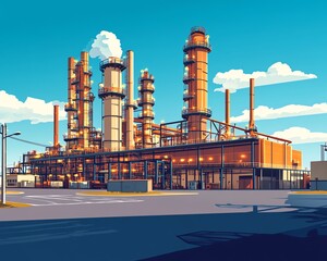 Aufkleber - Vector art of a gas refinery plant viewed from an industrial perspective, incorporating two layers of detail for a rich representation of the facility