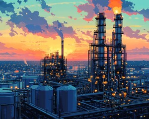 Aufkleber - Vector art of a gas refinery plant viewed from an industrial perspective, incorporating two layers of detail for a rich representation of the facility