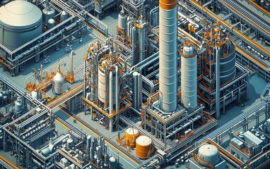 Vector illustration of a gas plant industrial view showcasing a detailed refinery plant with two layers of complexity, highlighting pipes and storage tanks