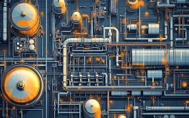 Fototapete - Vector illustration of a gas plant industrial view showcasing a detailed refinery plant with two layers of complexity, highlighting pipes and storage tanks