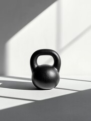 Poster - The black kettlebell sits alone on a surface, illuminated by sunlight, creating dynamic shadows and highlighting its shape and texture. Generative AI