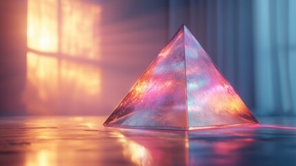 Fototapete - A glass pyramid stands on the surface, casting vibrant reflections across the room as the warm sunset light filters through a nearby window.