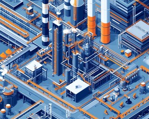 Fototapete - Indepth vector illustration of a gas plant featuring a detailed refinery layout with two layers, highlighting essential components of industrial processes