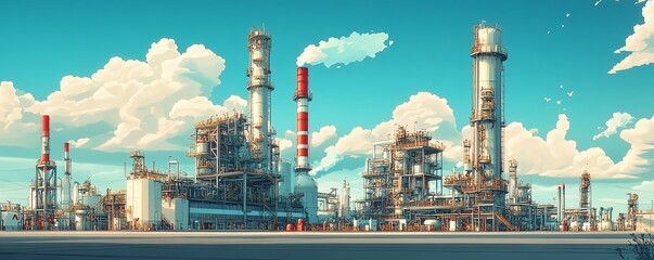 Poster - Stylized vector illustration of an industrial gas plant featuring a refinery with dual layers of detail, emphasizing its intricate machinery and structures