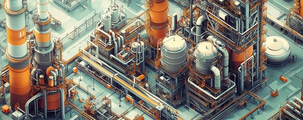 Poster - Stylized vector illustration of an industrial gas plant featuring a refinery with dual layers of detail, emphasizing its intricate machinery and structures
