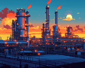 Poster - Vector art of a gas refinery plant viewed from an industrial perspective, incorporating two layers of detail for a rich representation of the facility