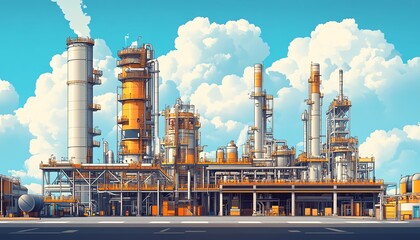 Fototapete - Comprehensive vector illustration of a gas refinery plant, showcasing an industrial view with two layers of detail for enhanced visual depth