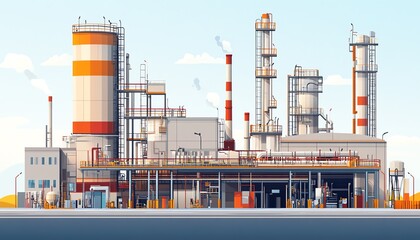 Fototapete - Comprehensive vector illustration of a gas refinery plant, showcasing an industrial view with two layers of detail for enhanced visual depth