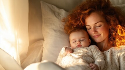 a mother with curly red hair cradles her sleeping baby tenderly, enveloped in the warm, gentle glow 