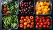 © familymedia - A variety of fresh fruits and vegetables in plastic containers, including grapes and peppers, emphasizing the convenience and accessibility of healthy eating.