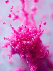 Vibrant pink liquid splash, High-speed photography, Macro shot, Liquid dynamics, Explosive burst, Magenta droplets, Bright neon colors, Abstract fluid art, Textured background, Dynamic motion, Surreal