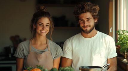 Happy young couple in cozy kitchen, preparing healthy meals with fresh vegetables and warm atmosphere.