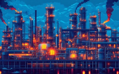 Aufkleber - Sophisticated vector illustration of a gas plant industrial view, featuring a refinery with two distinct layers of detail for a comprehensive perspective