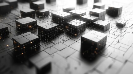 Poster - In a dark, futuristic environment, numerous black cubes are arranged on a grid, with soft lights illuminating certain sections, enhancing the digital aesthetic and depth.