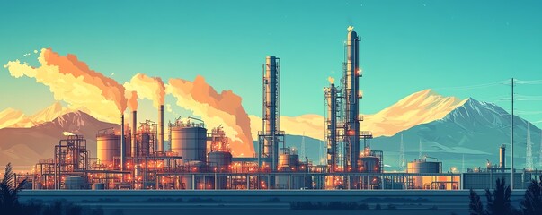 Vector art of a gas refinery plant viewed from an industrial perspective, incorporating two layers of detail for a rich representation of the facility