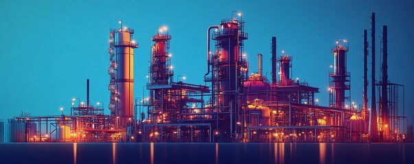 Fototapete - Vector illustration of a gas plant industrial view showcasing a detailed refinery plant with two layers of complexity, highlighting pipes and storage tanks