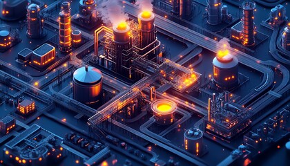 Aufkleber - 3D isometric illustration of industrial infrastructure on a dark background, showcasing a large factory complex with railway buildings and pipelines viewed from above
