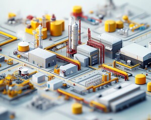 Aufkleber - Comprehensive 3D illustration depicting an industrial project, showcasing the layout of factories, equipment, and transport systems in a modern design