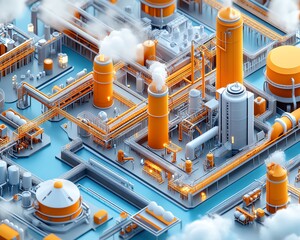 Aufkleber - Comprehensive 3D illustration depicting an industrial project, showcasing the layout of factories, equipment, and transport systems in a modern design