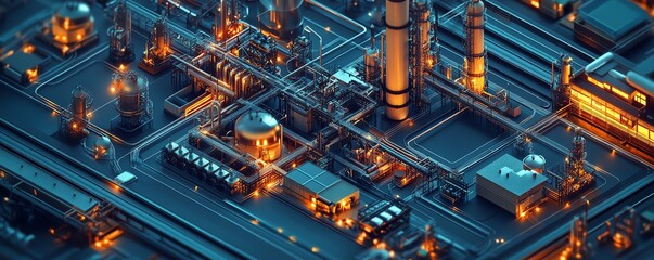 Aufkleber - Comprehensive 3D isometric illustration showcasing a factory complex, railway systems, and pipeline layouts, all viewed from above on a dark backdrop