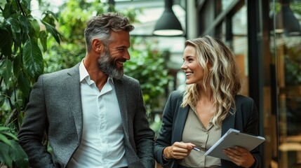 Two professionals engaged in a lively discussion in a greenhouse-style office, demonstrating modern business interaction and teamwork with a sustainable backdrop.