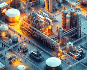Aufkleber - Detailed 3D illustration of an industrial project, presenting a combination of structures, pipelines, and industrial equipment in a cohesive layout