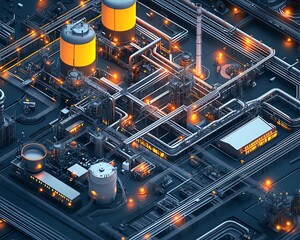 Aufkleber - Detailed isometric 3D rendering of industrial infrastructure, highlighting a large factory complex, railway systems, and extensive pipelines against a dark backdrop