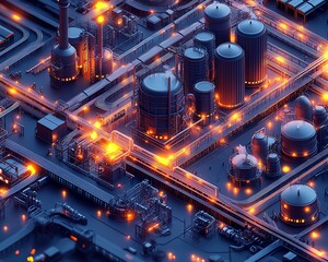 Aufkleber - Detailed isometric 3D rendering of industrial infrastructure, highlighting a large factory complex, railway systems, and extensive pipelines against a dark backdrop