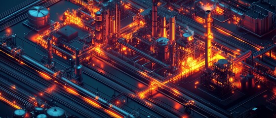 Aufkleber - Dynamic isometric rendering of industrial infrastructure, featuring a large factory complex, railways, and pipelines, set against a deep dark background