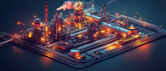 Aufkleber - Dynamic isometric rendering of industrial infrastructure, featuring a large factory complex, railways, and pipelines, set against a deep dark background