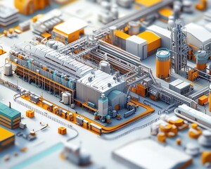 Aufkleber - Engaging 3D illustration of an industrial project, featuring an intricate assembly line, warehouse, and operational areas in a vibrant context