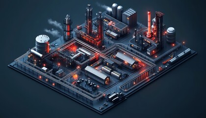 Aufkleber - Engaging isometric 3D visualization of a factory complex, railway buildings, and pipelines, all depicted from a topdown view on a dark background