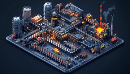 Aufkleber - Engaging isometric 3D visualization of a factory complex, railway buildings, and pipelines, all depicted from a topdown view on a dark background