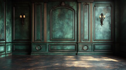 Poster - Dark emerald green panelled wall background with intricate raised mouldings giving a luxurious and classic touch perfect for vintage or traditional interior settings