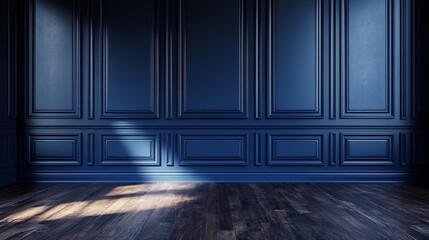 Poster - Dark navy blue panelled wall background with wide symmetrical panels and a matte finish creating a bold yet sophisticated atmosphere for modern or industrial interior designs