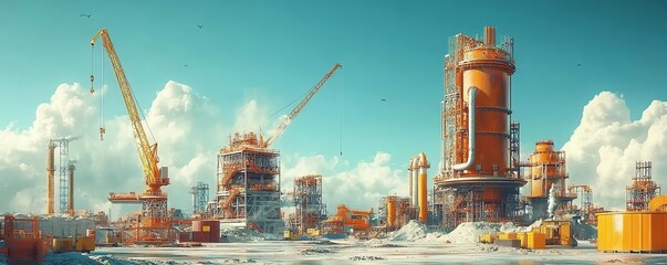 Aufkleber - 3D illustration showcasing an industrial project, featuring detailed machinery, cranes, and structures set against an expansive construction site backdrop
