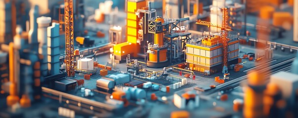 Aufkleber - 3D illustration showcasing an industrial project, featuring detailed machinery, cranes, and structures set against an expansive construction site backdrop