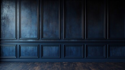 Poster - Dark navy blue panelled wall background with a polished finish creating a sophisticated and bold look perfect for contemporary home offices or stylish media rooms