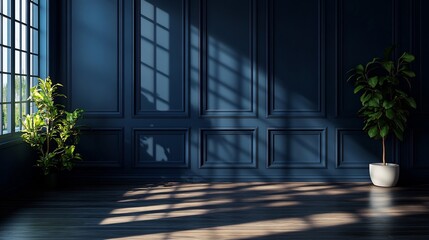 Poster - Dark navy blue panelled wall background with a polished finish creating a sophisticated and bold look perfect for contemporary home offices or stylish media rooms