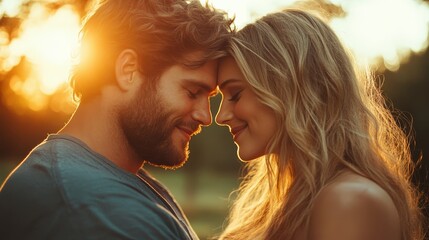 A loving couple stands closely together, sharing a warm embrace, their faces lit by the golden hue of the setting sun, capturing a moment of deep connection.