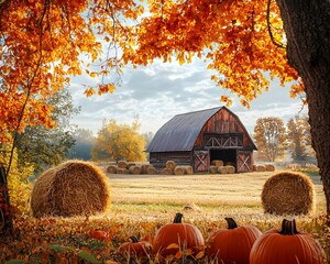 Rustic Autumn Barn Framed by Vibrant Fall Foliage and Harvest