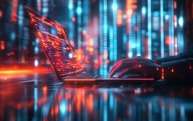 Poster - 3D rendering of a businessman using a laptop to manage digital documents, graphic elements in the background, sleek and modern aesthetics, efficient workspace