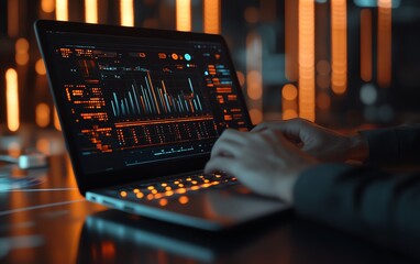 Poster - 3D rendering of a businessman using a laptop to manage digital documents, graphic elements in the background, sleek and modern aesthetics, efficient workspace