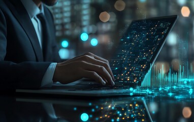 Aufkleber - 3D rendering of a businessman using a laptop to manage digital documents, graphic elements in the background, sleek and modern aesthetics, efficient workspace