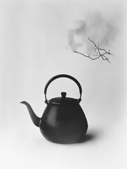 Aufkleber - A black tea kettle sits quietly, releasing delicate steam into the air, creating a peaceful atmosphere in a softly lit space. Generative AI