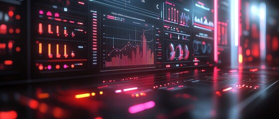 Poster - 3D rendering of a financial analysis dashboard with interactive charts and graphs, modern and professional design, hightech aesthetic