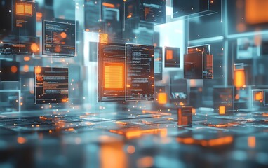 Leinwandbilder - 3D rendering of digital document management system, virtual interface with files in the background, modern and efficient design, futuristic tech visuals