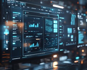Leinwandbilder - 3D rendering of digital document management system, virtual interface with files in the background, modern and efficient design, futuristic tech visuals